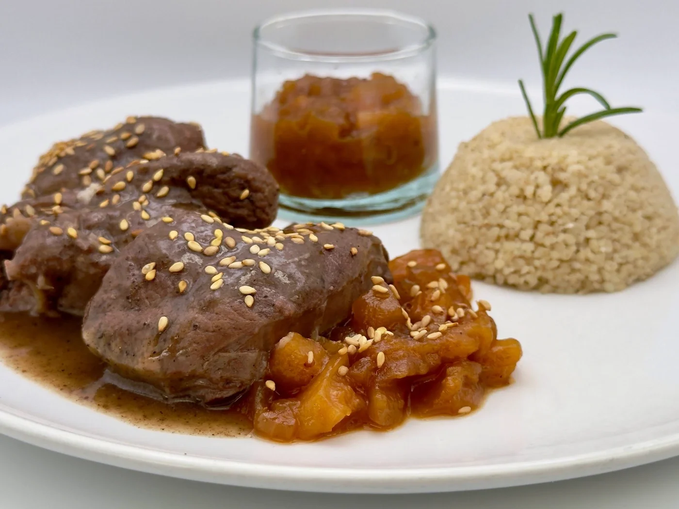Slow-cooked beef, belbula semolina, and dried apricot chutney